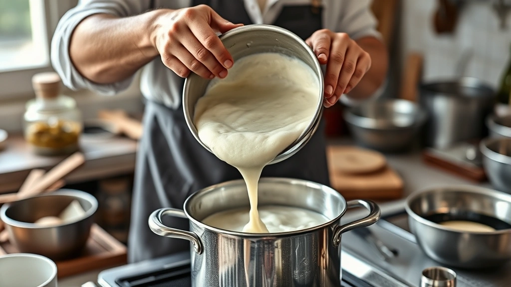 hopper recipe -
Photorealistic hands working showing someone pouring fermented batter into a tr