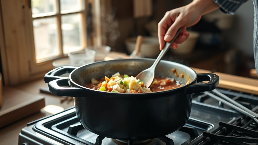 hoppin john recipe -
photorealistic hands stirring hoppin john in a large cast iron Dutch oven on a