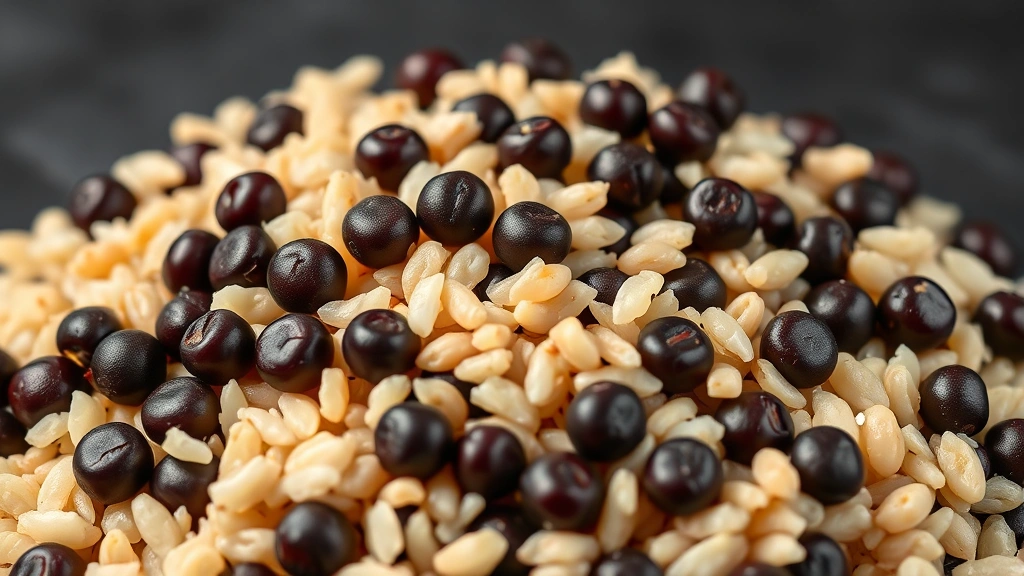 hoppin john recipe -
photorealistic close-up macro shot of cooked black-eyed peas and white rice gra