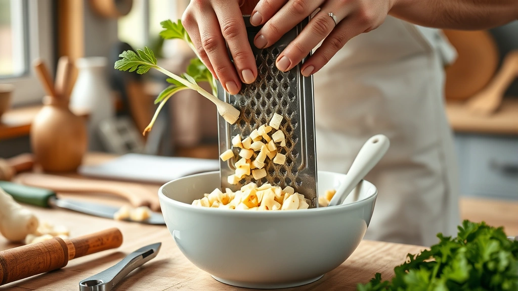 horseradish sauce recipe -
photorealistic hands working grating fresh horseradish root on a box grater ove