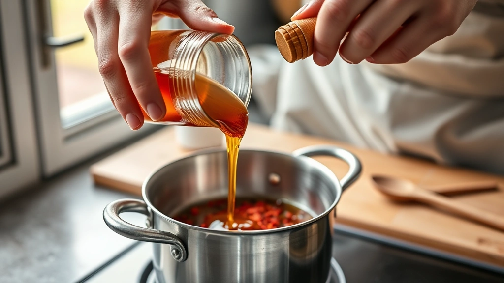 hot honey recipe -
photorealistic hands pouring warm honey into a small saucepan with red pepper f