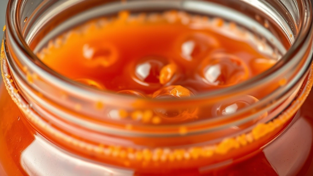 hot sauce recipes -
Photorealistic close-up macro shot of fermented hot sauce in a glass jar showin