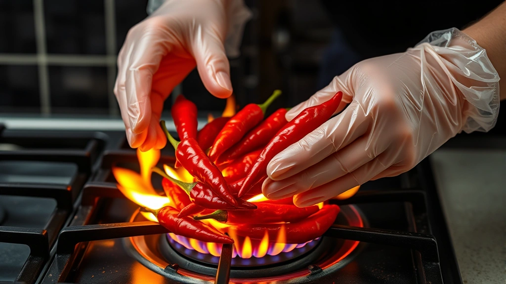 hot sauce recipes -
Photorealistic hands wearing clear gloves carefully roasting fresh red chilies 