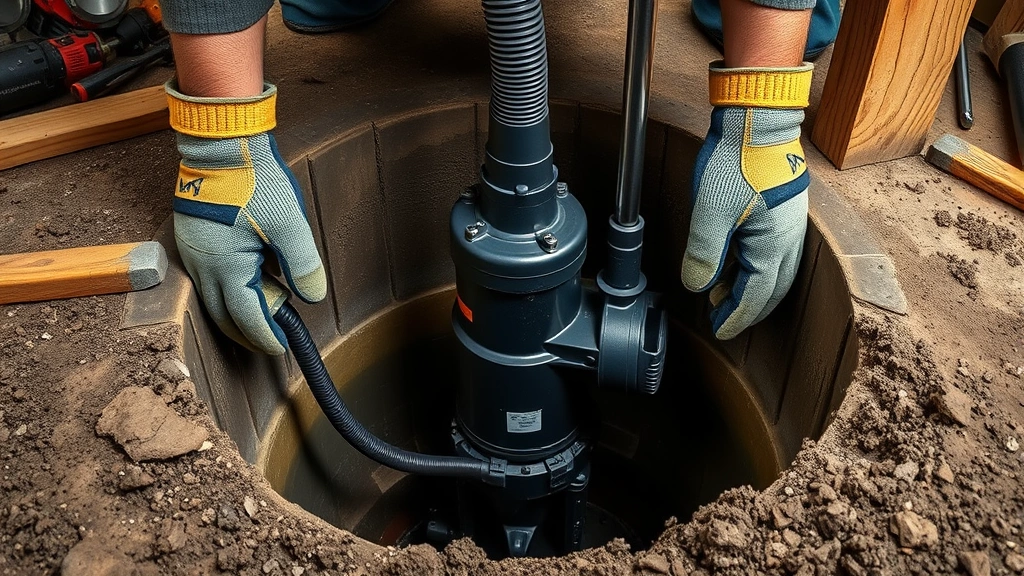 how are wayne sump pumps compared to zoeller sump pumps -
Photorealistic hands wearing work gloves installing a sump pump into a pit, wor