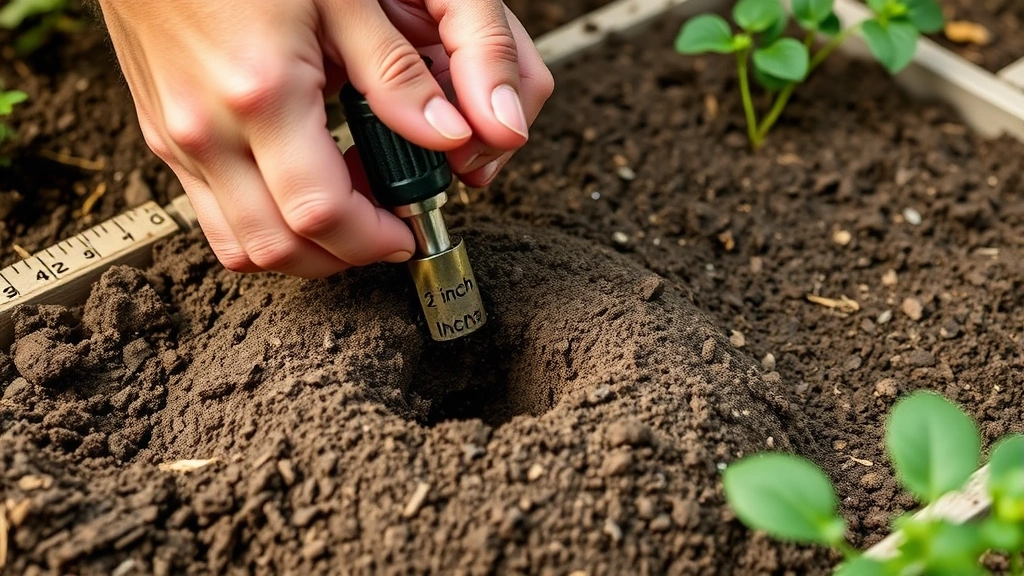 how deep to plant garlic -
Photorealistic hands using a marked dibber tool to create a 2-inch planting hol