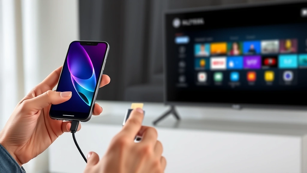 how do i connect my phone to my tv -
Photorealistic hands holding HDMI adapter and cable connecting to smartphone an