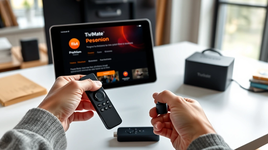 how do i have to buy tivimate premium -
Photorealistic hands holding a Fire Stick remote and tablet showing TiviMate pr