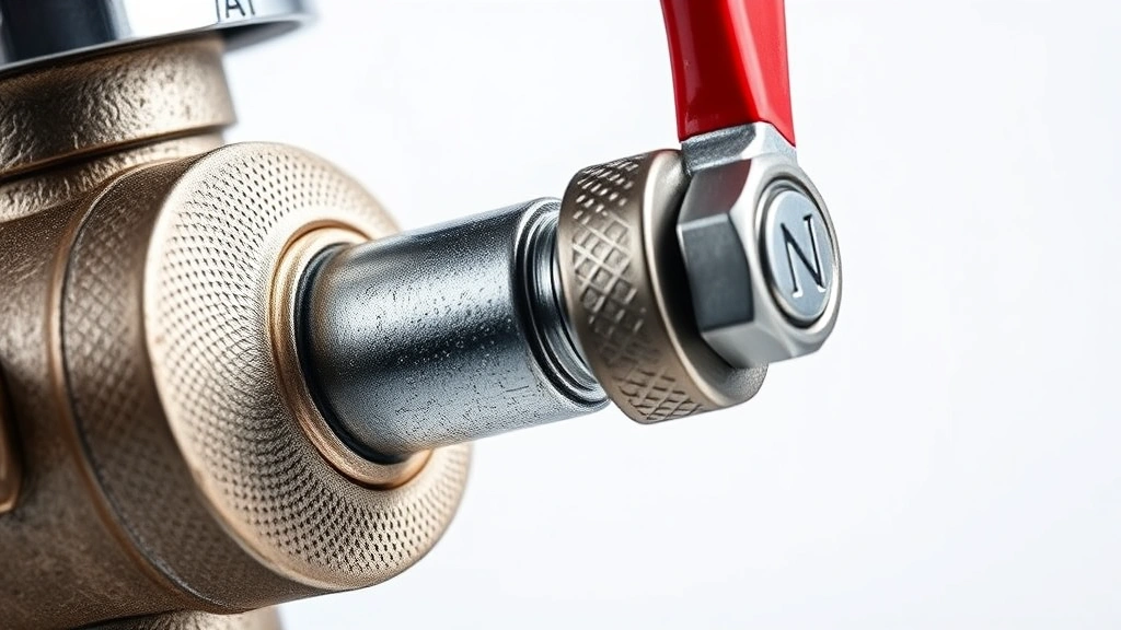 how do you turn off the water to the house -
photorealistic close-up macro photography of ball valve handle and stem connect