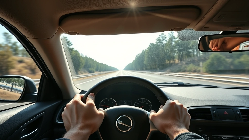 how far from dallas tx to houston tx -
photorealistic hands gripping steering wheel on highway, driver’s perspec