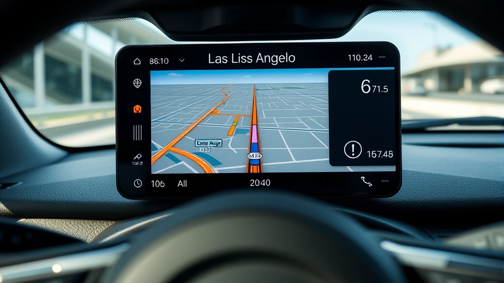 how far is from los angeles to san diego -
Photorealistic close-up macro photography of GPS navigation screen showing rout