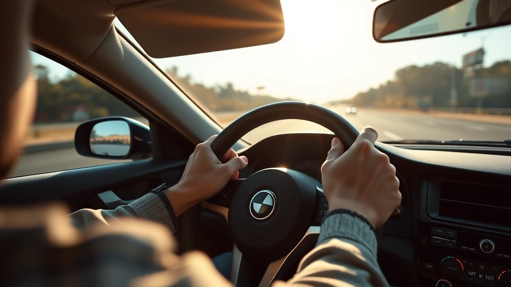 how far is houston to san antonio texas -
Photorealistic hands gripping steering wheel during daytime highway drive, dash