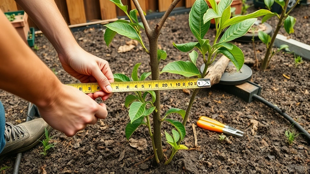 how far to plant peaches -
photorealistic hands working measuring distance between peach tree saplings wit