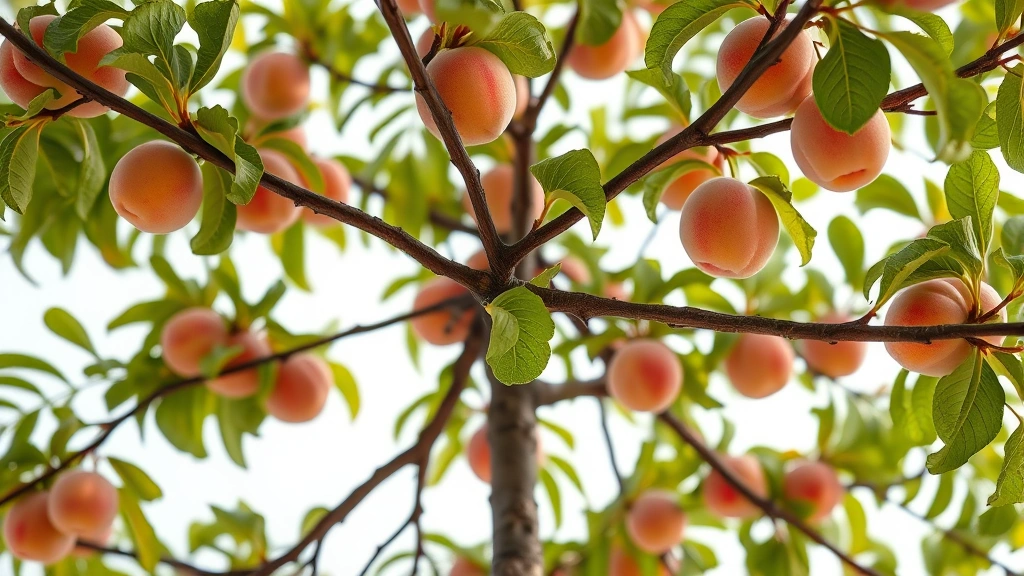 how far to plant peaches -
photorealistic close-up of peach tree canopy structure showing branch arrangeme