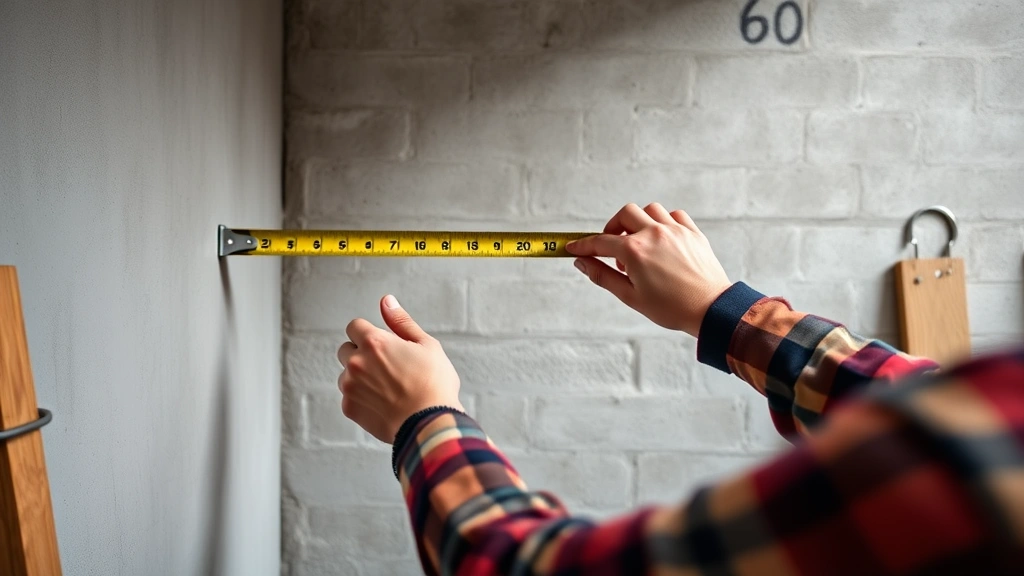 how high to hang pictures -
Photorealistic hands working measuring tape against wall at 60-inch mark, works