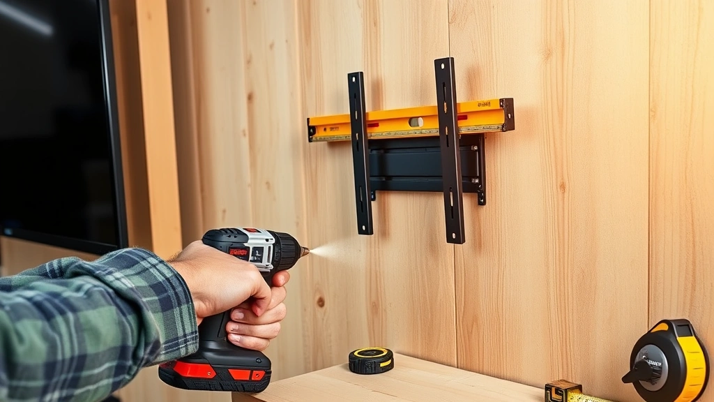 how high to mount tv -
Photorealistic hands working during TV mount installation, showing a person usi