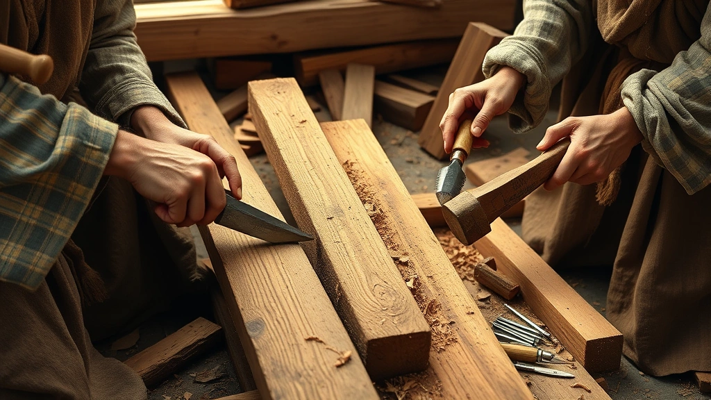 how long did it take noah to build the ark -
Photorealistic image of ancient craftsmen’s hands working on wooden beams