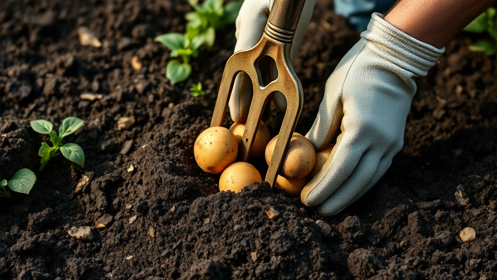 how long do potatoes take to grow -
Photorealistic hands working showing gardener using a garden fork to dig potato