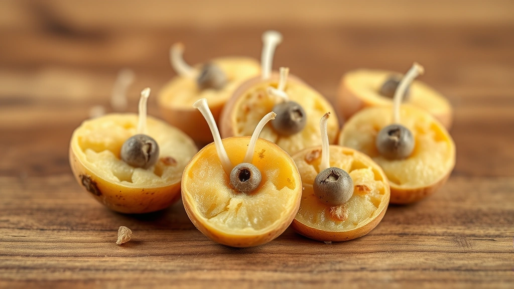 how long do potatoes take to grow -
Photorealistic close-up macro photography of seed potato pieces with eyes sprou