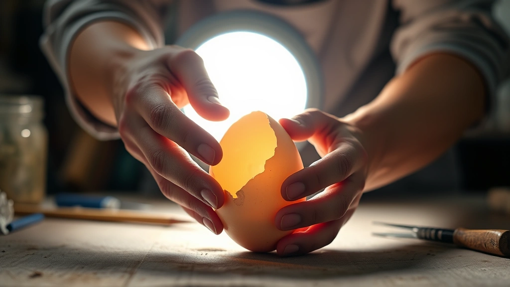 how long does a duck take to hatch eggs -
photorealistic hands carefully candling a duck egg against bright light source,