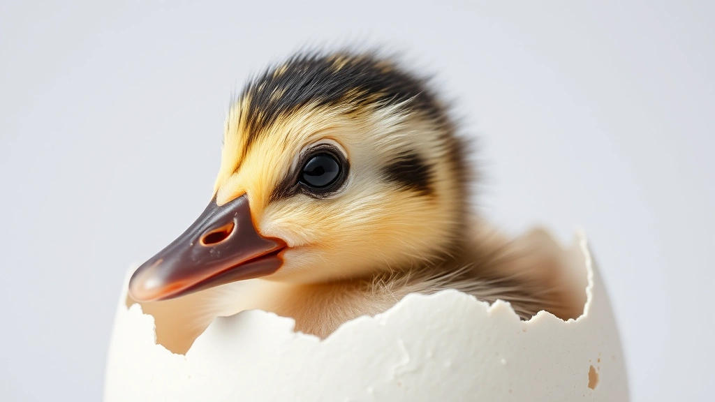 how long does a duck take to hatch eggs -
photorealistic close-up of duckling pipping through eggshell with egg tooth vis