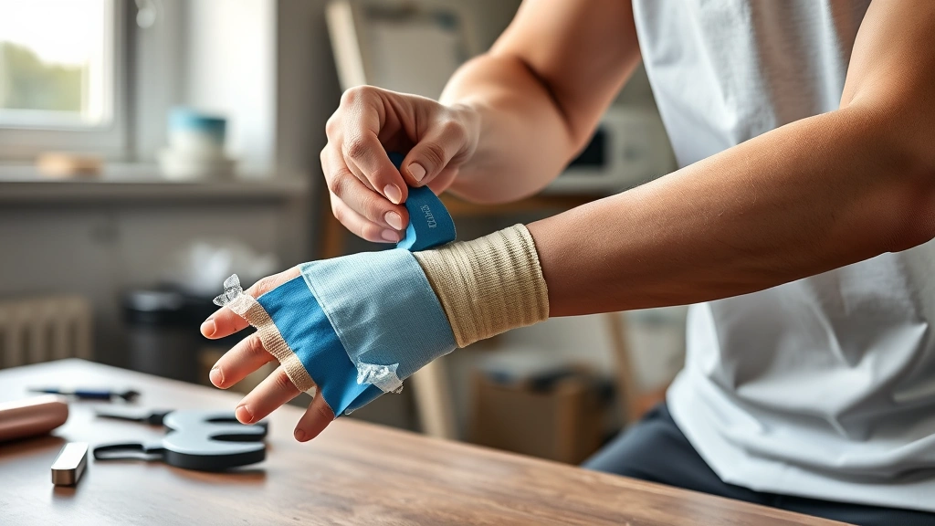 how long does a sprained wrist take to heal -
Photorealistic hands applying ice compression wrap to swollen wrist, workshop s
