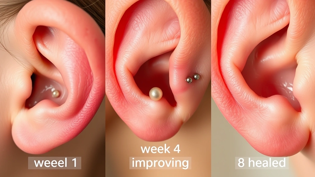 how long does an ear piercing take to heal -
Photorealistic comparison display showing three ear piercings at different heal