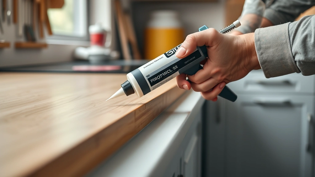 how long does caulk take to dry -
Photorealistic hands applying caulk with caulking gun along kitchen countertop