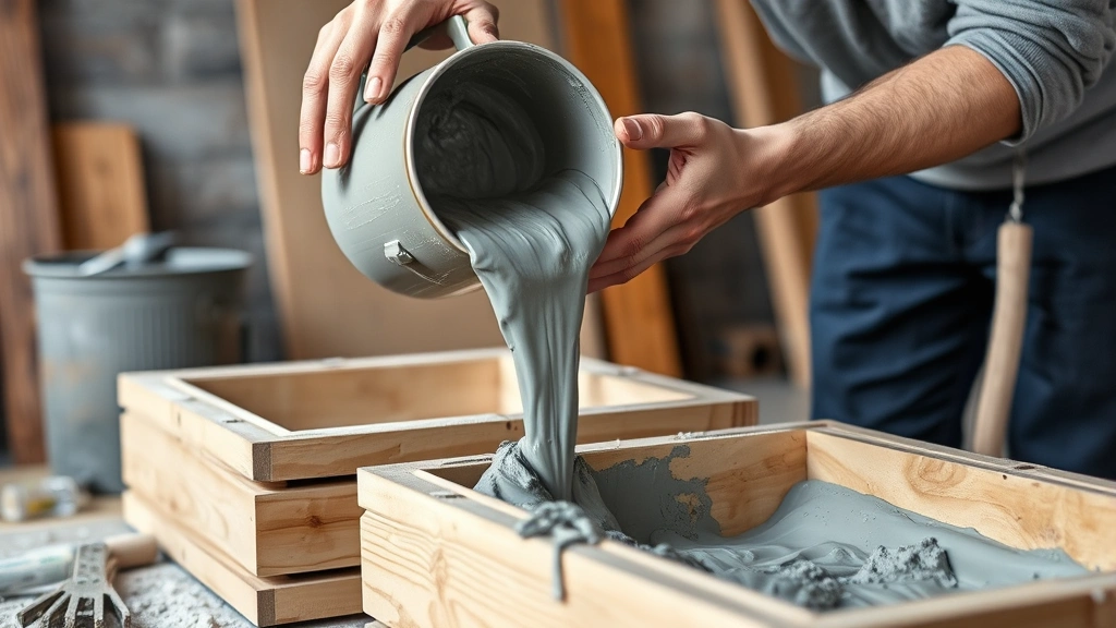 how long does cement take to dry -
Photorealistic hands pouring gray cement into wooden forms, workshop setting, p