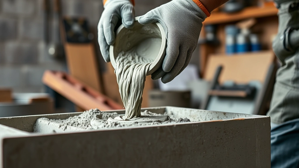 how long does concrete take to dry -
Photorealistic hands pouring concrete mix into a form, workshop setting, profes