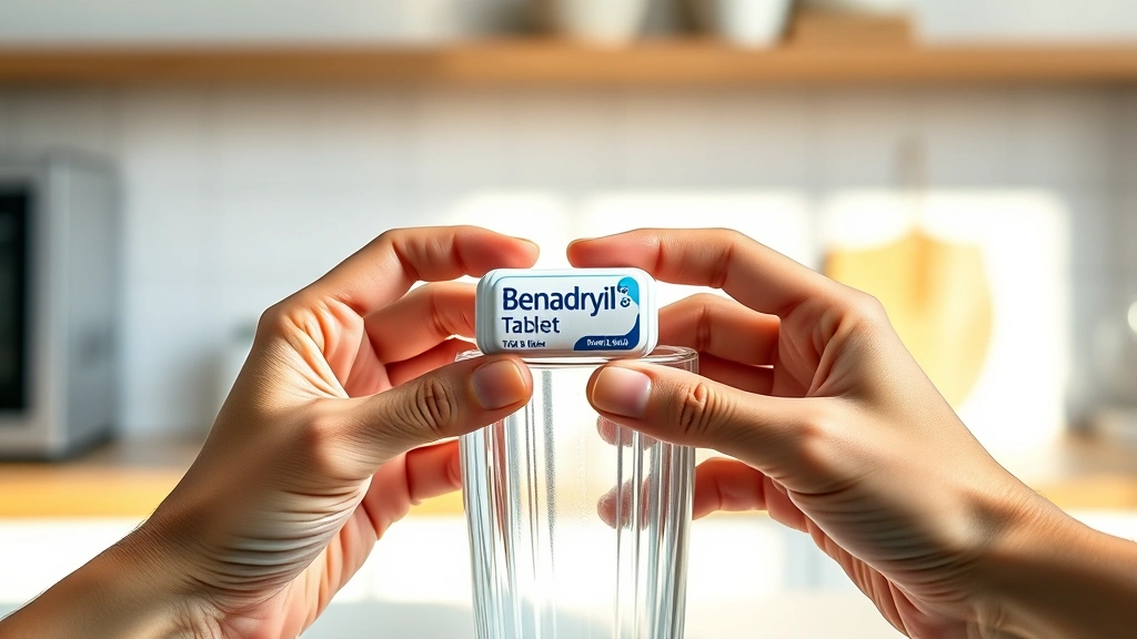 how long does it take benadryl to work -
Photorealistic close-up of hands holding a Benadryl tablet over a glass of wate
