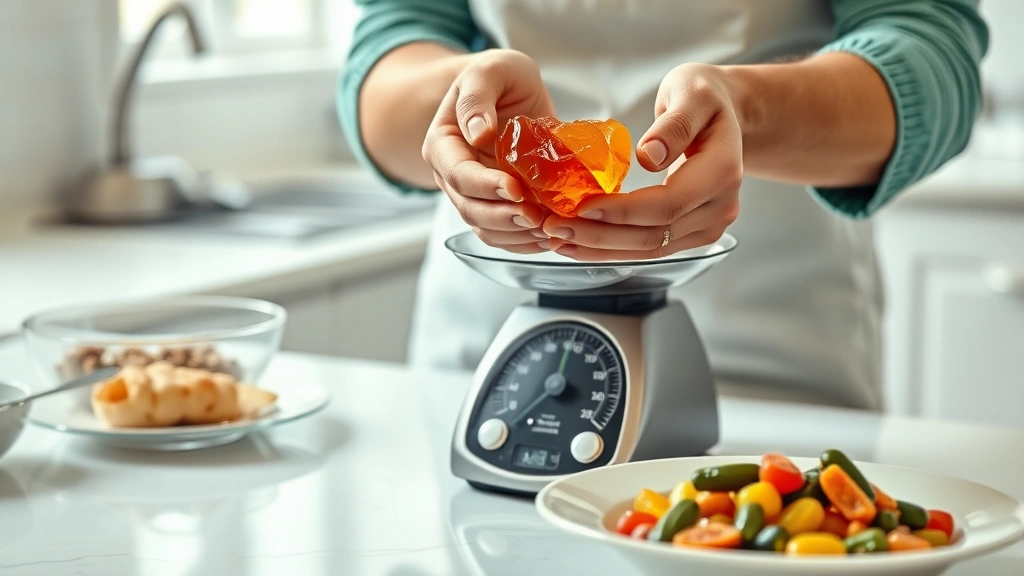how long does it take edibles to kick in -
Photorealistic hands holding a gummy edible over a kitchen scale with food on a