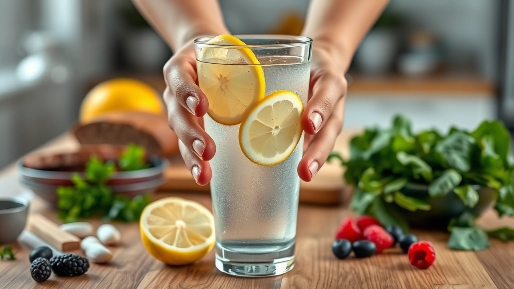 how long does it take for a hemorrhoid to shrink -
Photorealistic close-up of hands holding a glass of water with fresh lemon slic