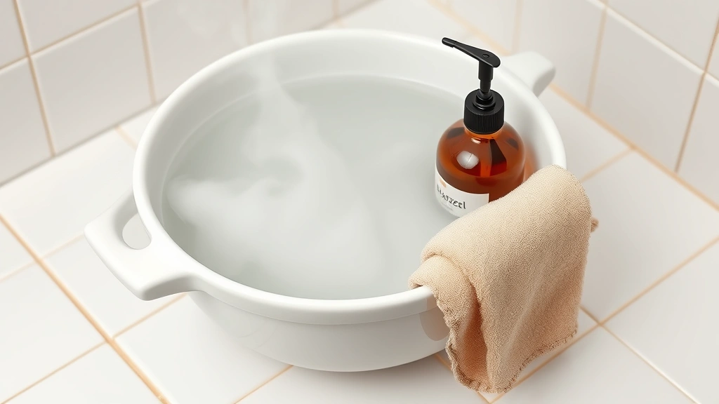 how long does it take for a hemorrhoid to shrink -
Photorealistic macro close-up of a warm sitz bath setup with steam rising gentl