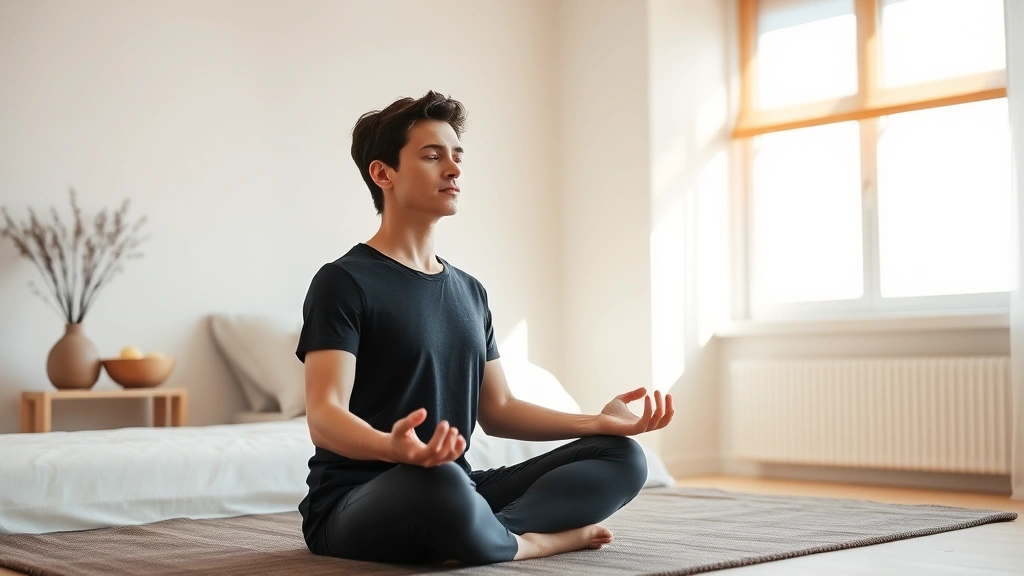 how long does it take for ashwagandha to work -
Photorealistic person meditating peacefully in a bright, minimalist bedroom wit