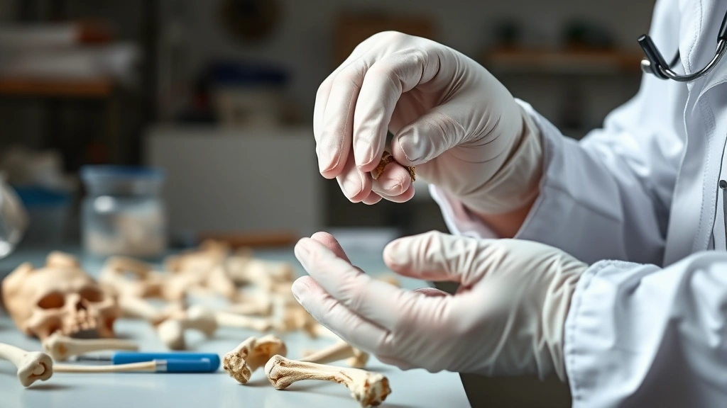 how long does it take for body to decay -
Photorealistic hands of forensic scientist examining skeletal bone fragments in