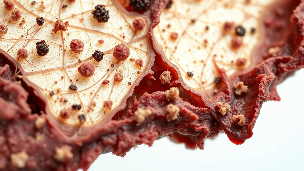 how long does it take for body to decay -
Photorealistic close-up macro photography of decomposed tissue sample showing b
