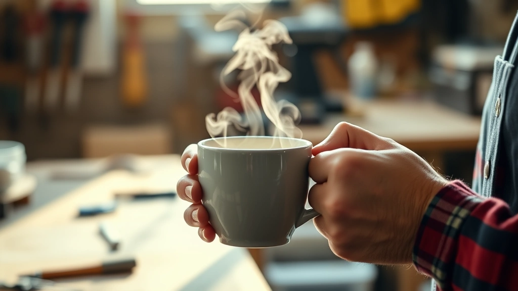 how long does it take for caffeine to kick in -
photorealistic hands holding a steaming mug of coffee in a bright workshop sett