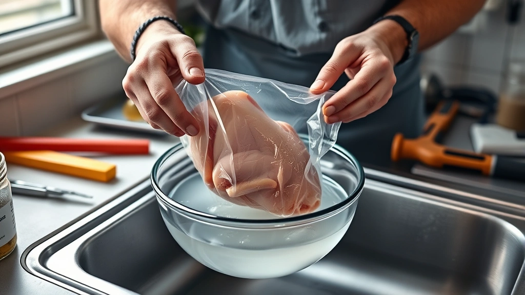 how long does it take for chicken to thaw -
Photorealistic hands working showing someone transferring a sealed bag of froze
