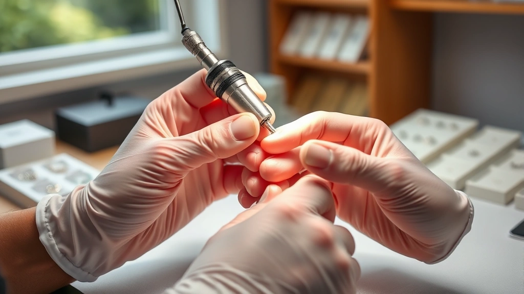 how long does it take for ear piercings to heal -
photorealistic hands of a professional piercer performing ear piercing procedur