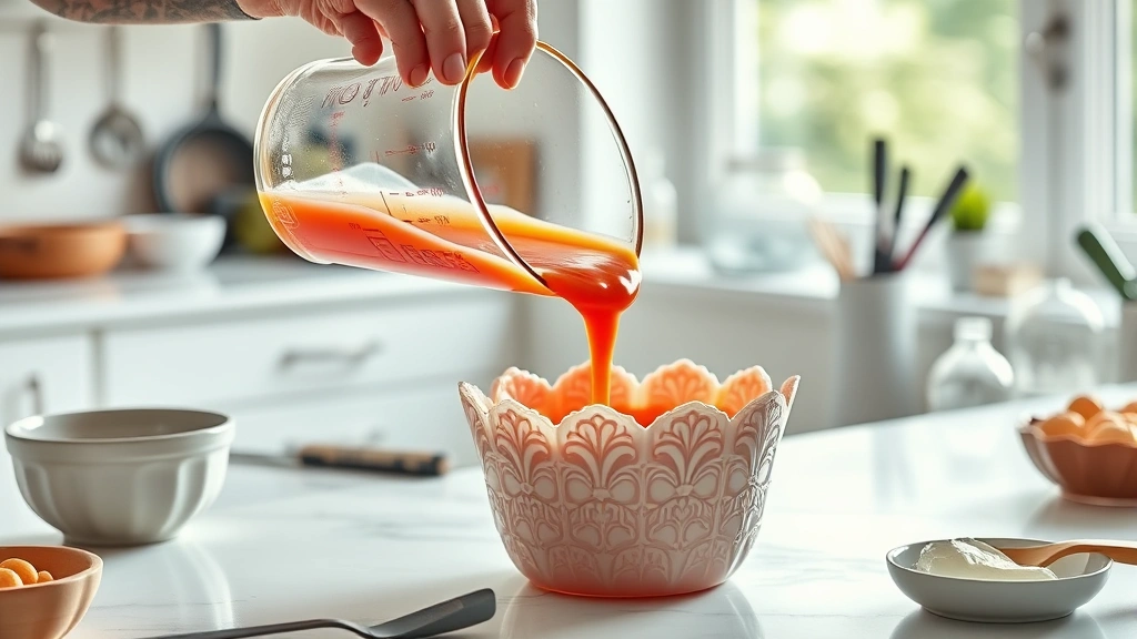 how long does it take for jello to set -
photorealistic hands spooning jello mixture into decorative mold in bright kitc
