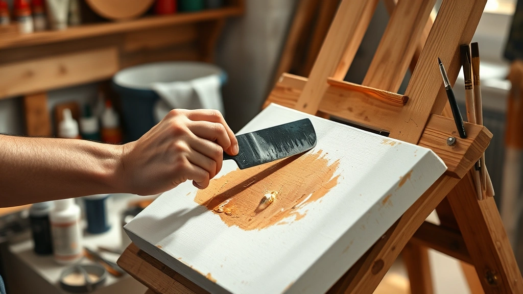 how long does it take for oil paint to dry -
Photorealistic hands of artist applying oil paint to canvas with a palette knif