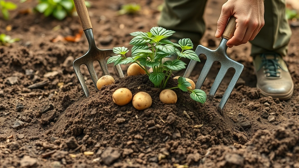 how long does it take for potatoes to grow -
Photorealistic hands working in garden soil mounding up earth around growing po