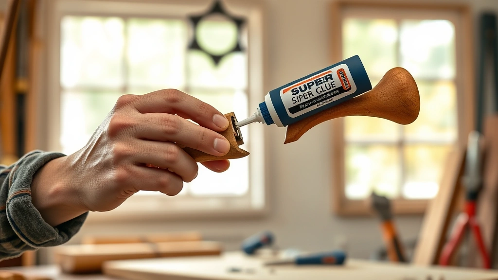 how long does it take for super glue to dry -
Photorealistic hands carefully applying super glue to a broken wooden handle, w