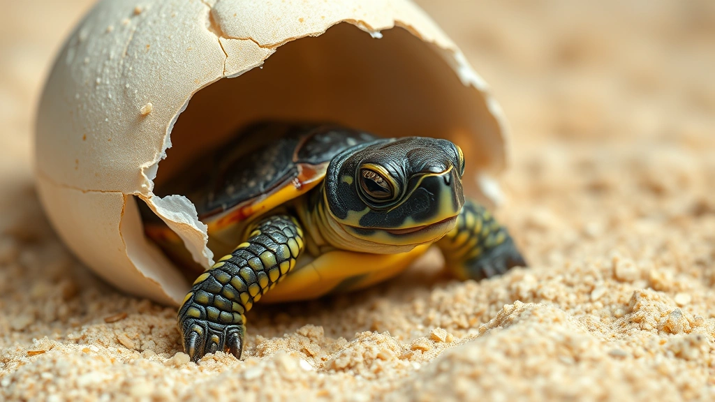 how long does it take for turtle eggs to hatch -
Photorealistic newly hatched baby turtle emerging from cracked eggshell in sand