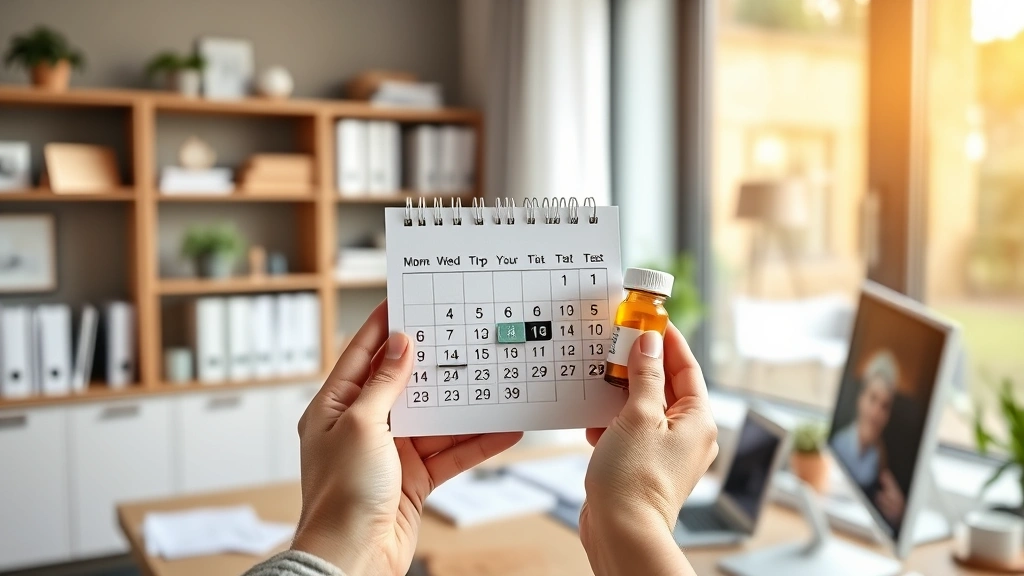 how long does it take for zoloft to work -
Photorealistic hands holding a calendar and medication bottle in a modern home 