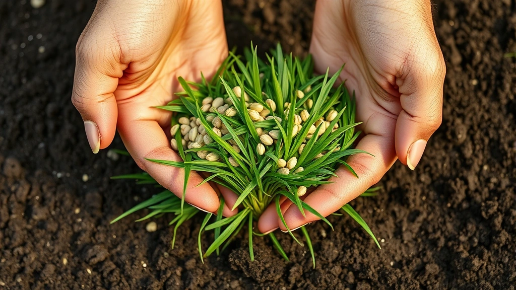 how long does it take grass seed to grow -
Photorealistic hands holding grass seed over prepared soil

