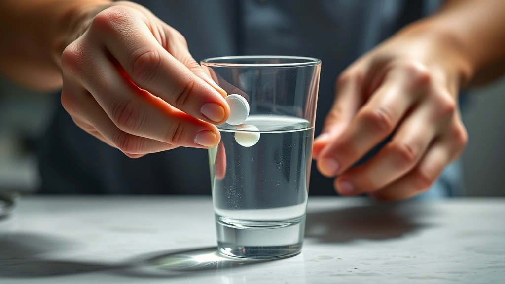 how long does it take ibuprofen to work -
Photorealistic hands placing an ibuprofen tablet into a glass of water, worksho