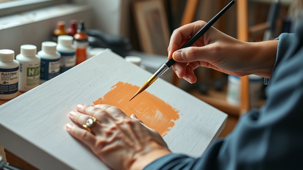 how long does it take oil paint to dry -
Photorealistic hands of artist holding paintbrush applying oil paint to canvas,