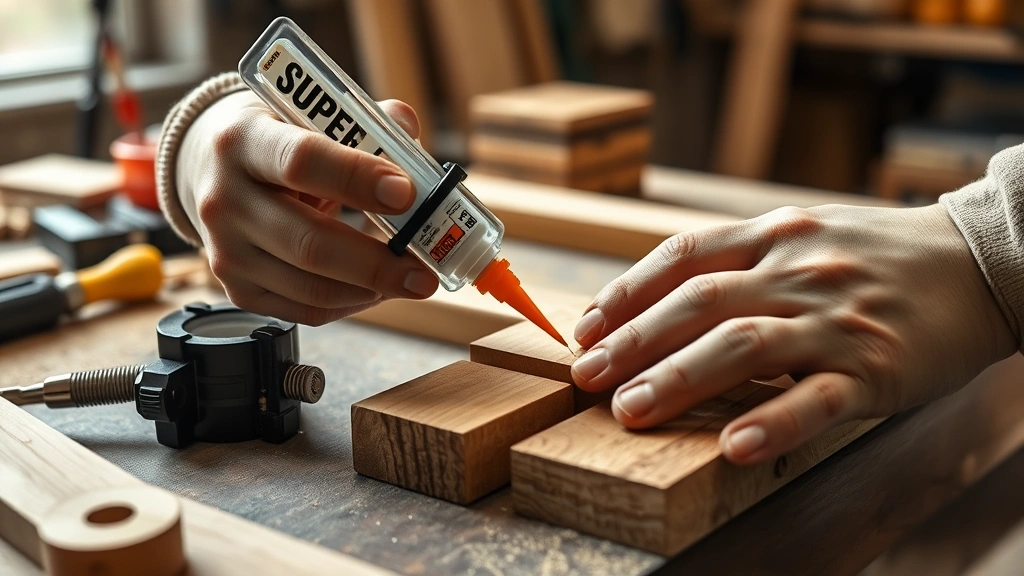 how long does it take super glue to dry -
Photorealistic hands working applying super glue to wooden pieces in a workshop