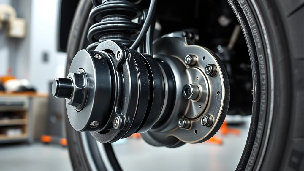 how long does it take to align a car -
Photorealistic close-up macro photography of a wheel hub and suspension compone